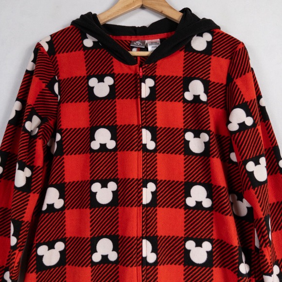 Disney 100 Mickey Mouse Buffalo Plaid Fleece Hooded Union Suit Pajamas Sz Medium - Picture 2 of 9